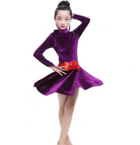 Violet purple red black velvet long sleeves turtle neck competition performance girls kids children performance latin ballroom cha cha dance dresses dance wear 